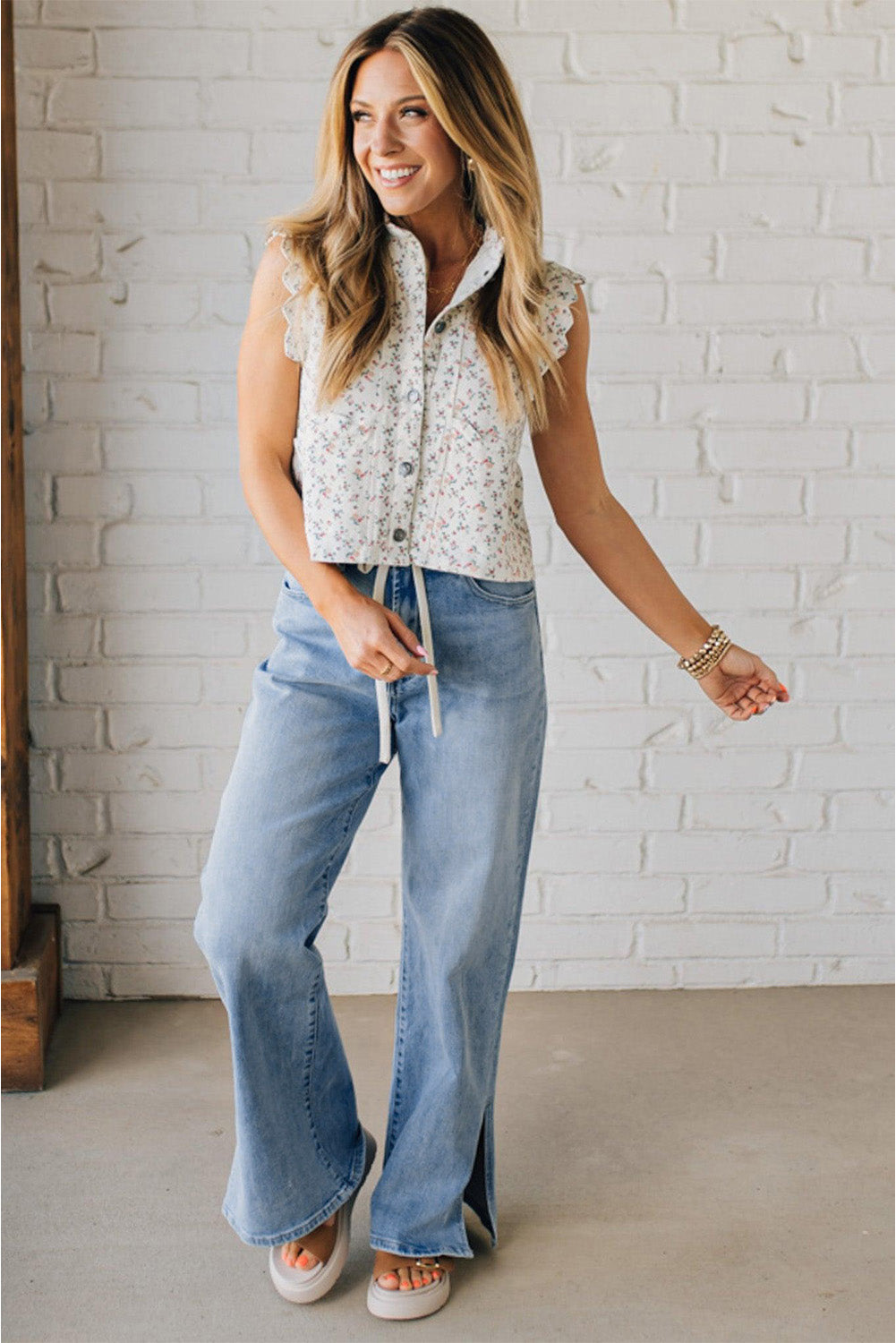 Myosotis Slit Leg High Rise Drawstring Casual Jeans
