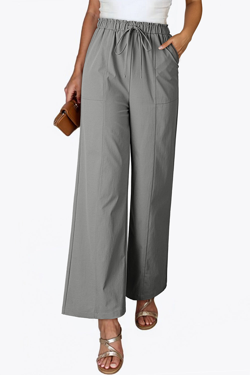 Gray Solid Color Drawstring Elastic Waist Casual Loose Pants