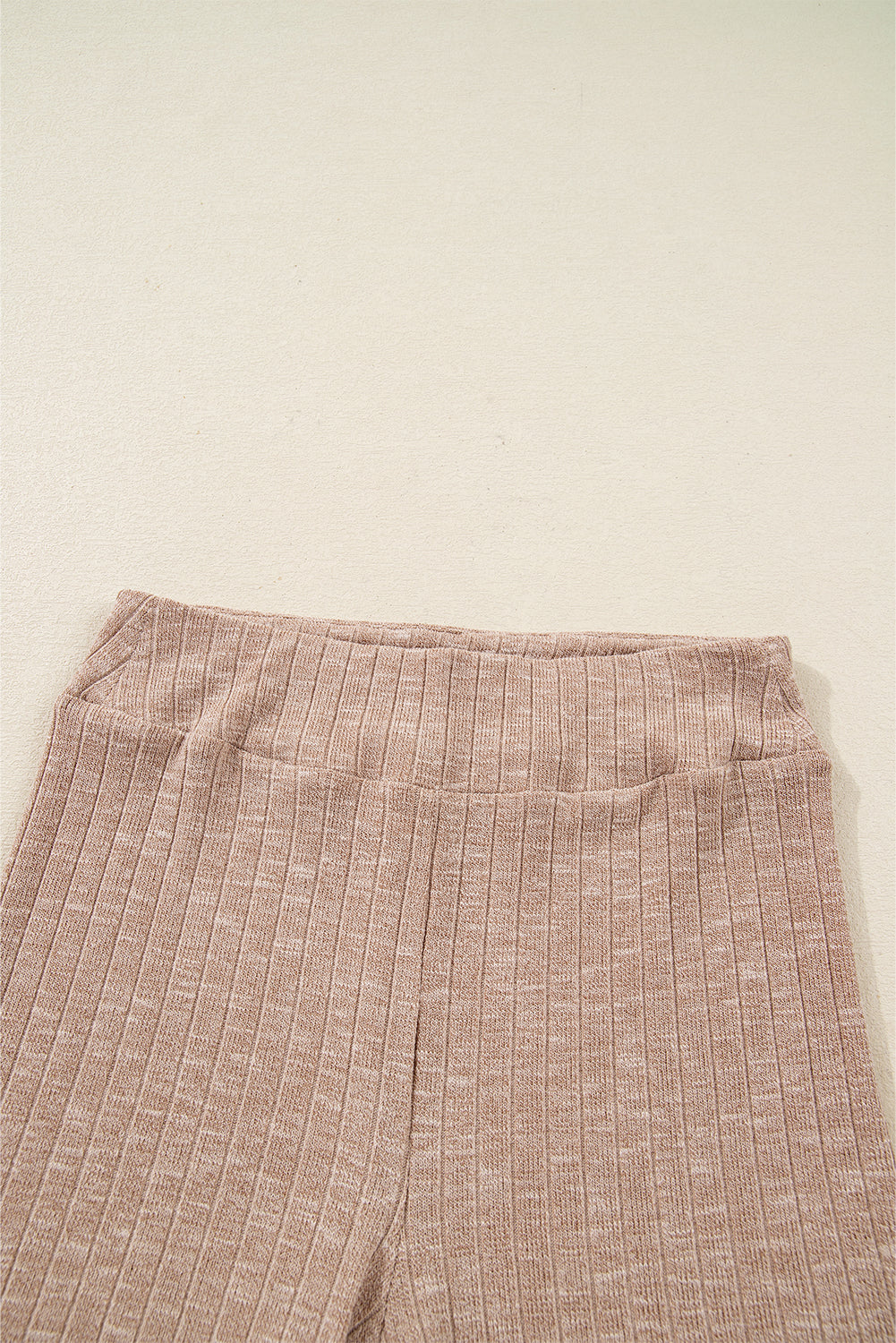 Dark Khaki Ribbed Balloon Sleeve Pullover Top and Biker Knitted Short Set