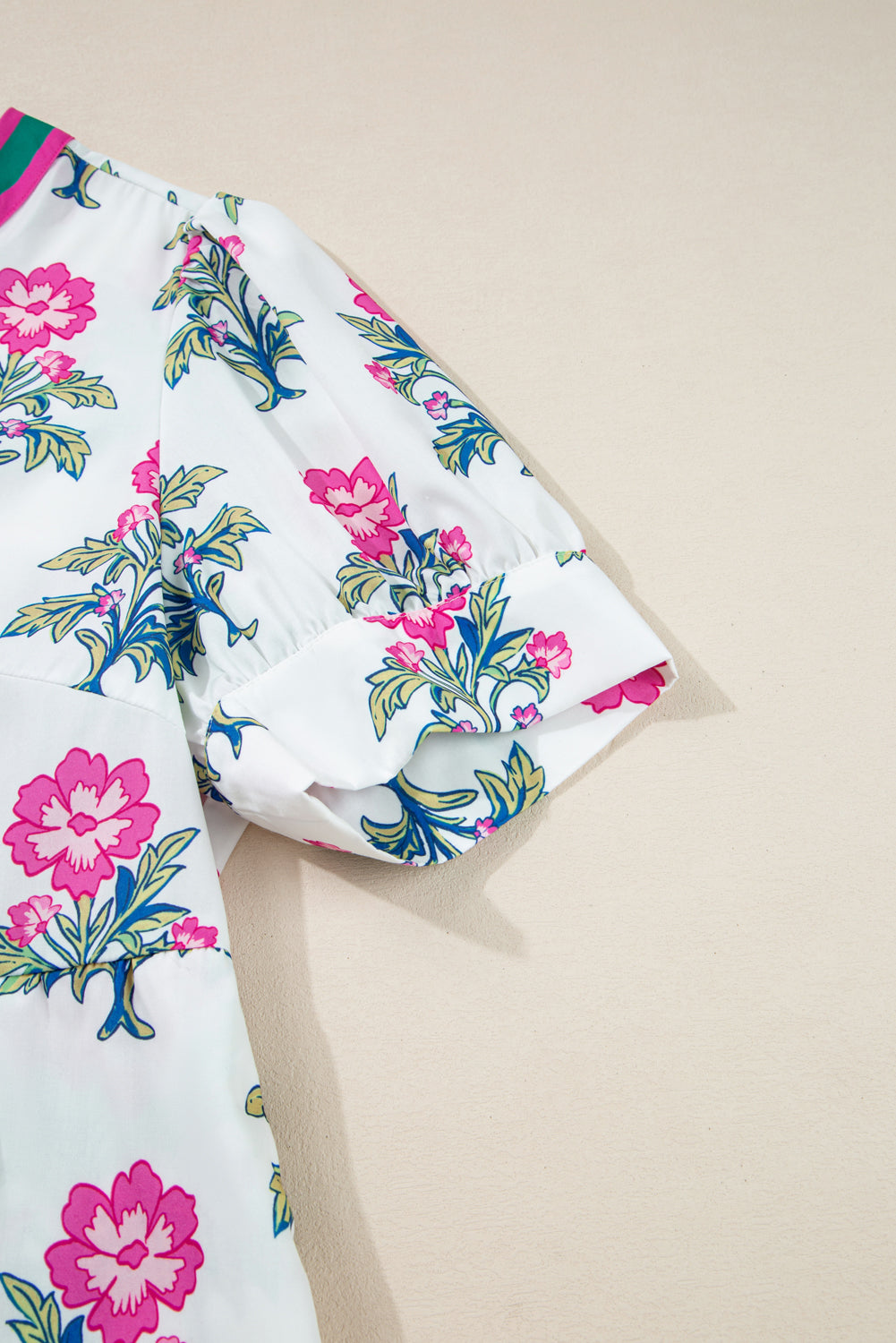 White Floral Puff Short Sleeve V Neck High Waist Maxi Dress
