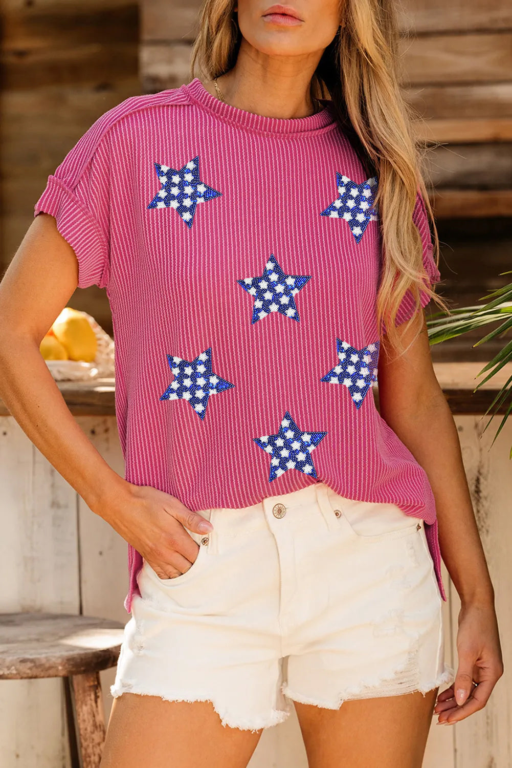 Rose Red Sequin Star Graphic Corded Side Split Patriotic T Shirt