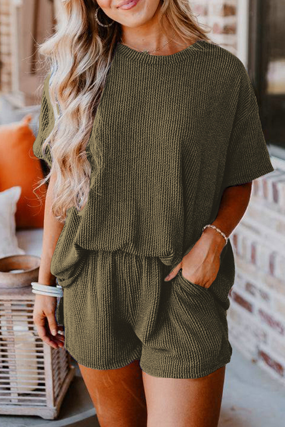 Chestnut Corded Knit Long Sleeve Top and High Waist Shorts Set