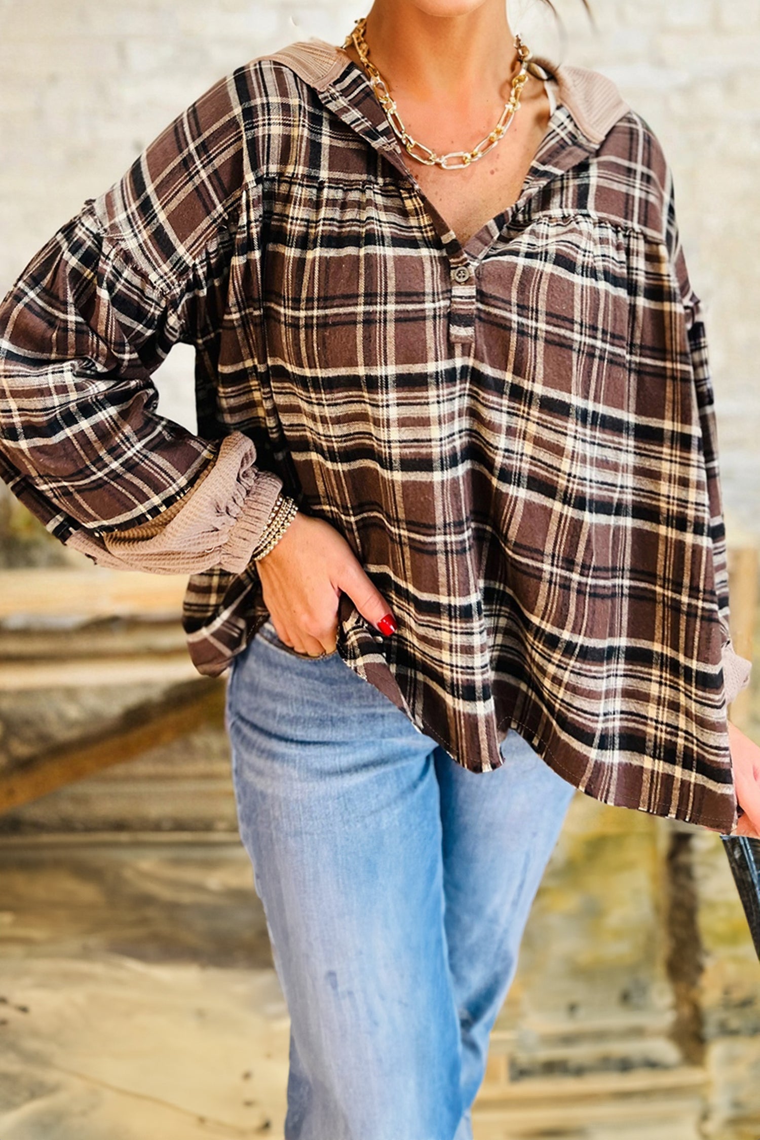 Gray Plaid Patchwork Long Sleeve Button Hooded Blouse