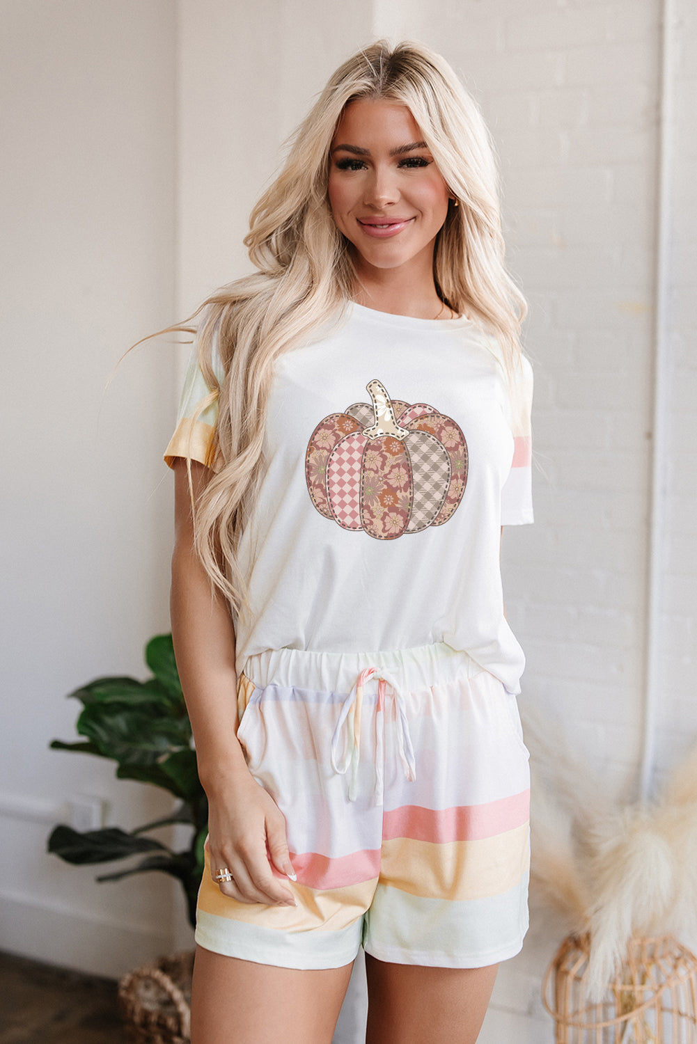 White Pumpkin Graphic Rainbow Rush Shift Tee and Short Loungewear
