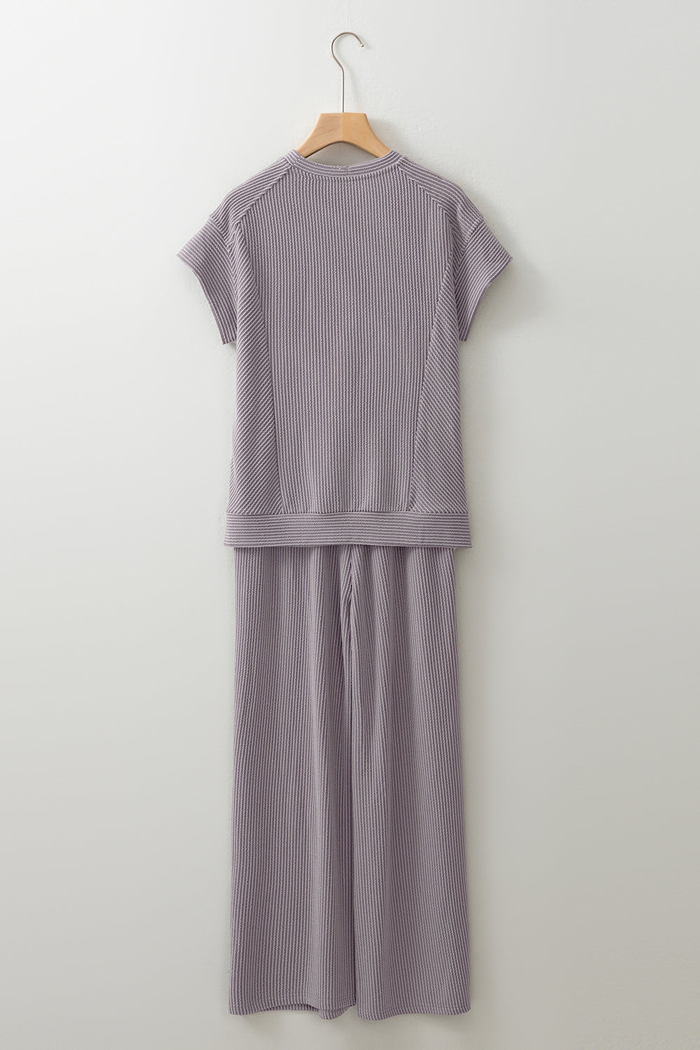 Blue Solid Corded Knit Short Sleeve T Shirt and Wide Leg Pants Set
