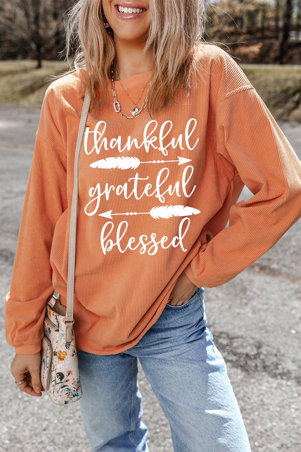 Orange Thankful Ribbed Crew Neck Thanksgiving Sweatshirt