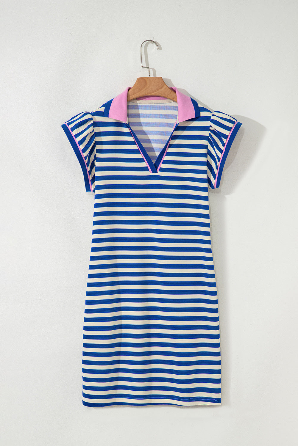 Sachet Pink Stripe Print Contrast Collar Split Neck Flutter Sleeve Short Dress
