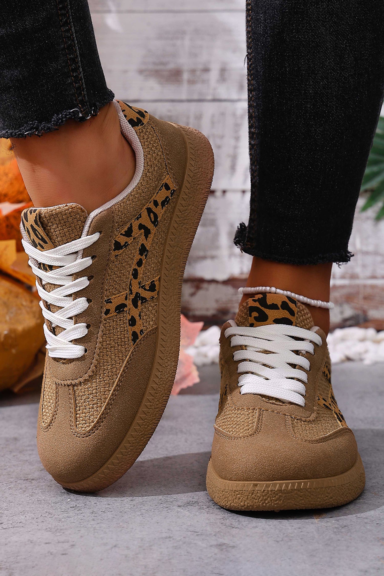 Coffee Faux Suede Contrast Patchwork Detail Lace Up Flat Sneakers