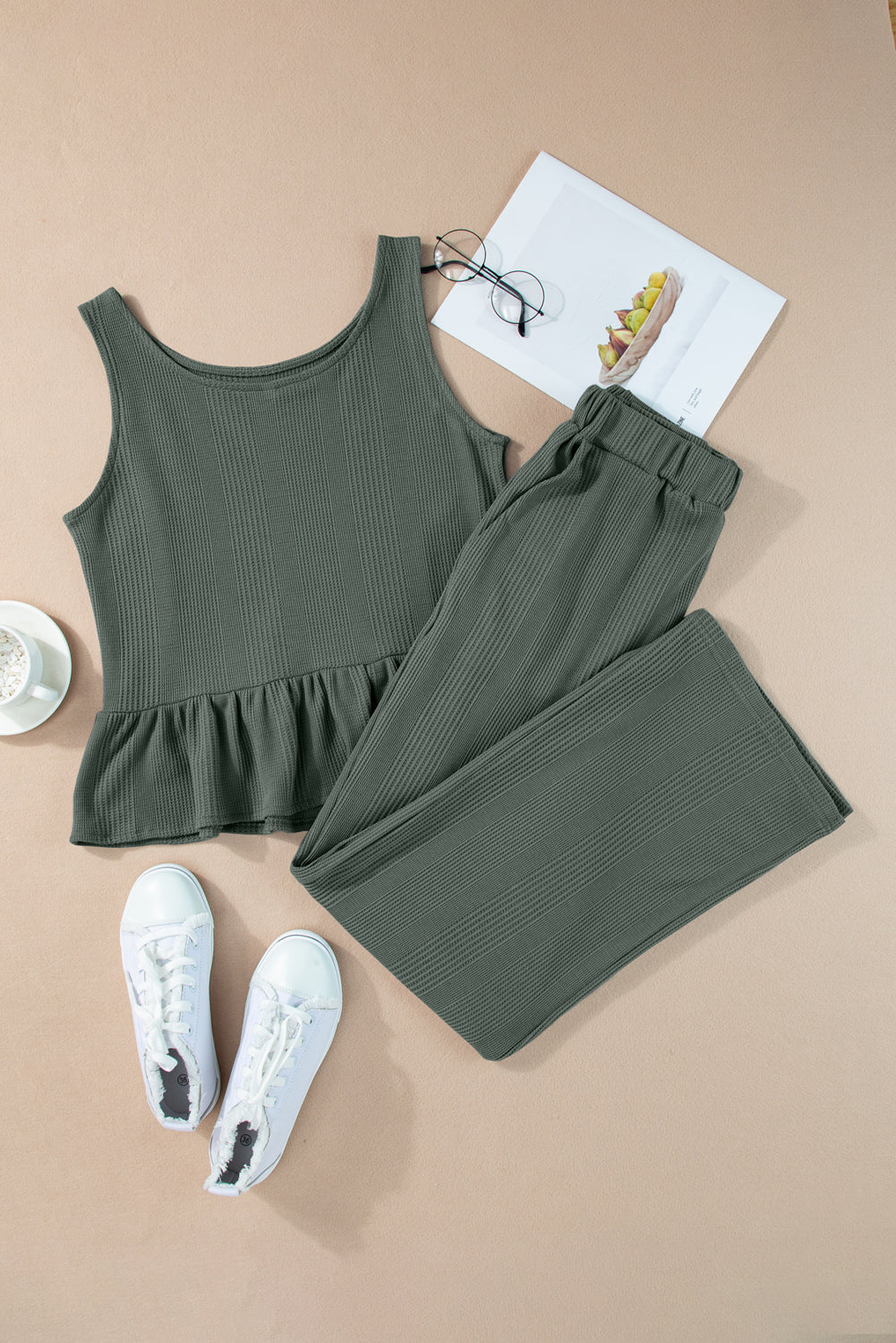 Beau Blue Solid Color Ribbed Ruffle Tank Top and Pants Set
