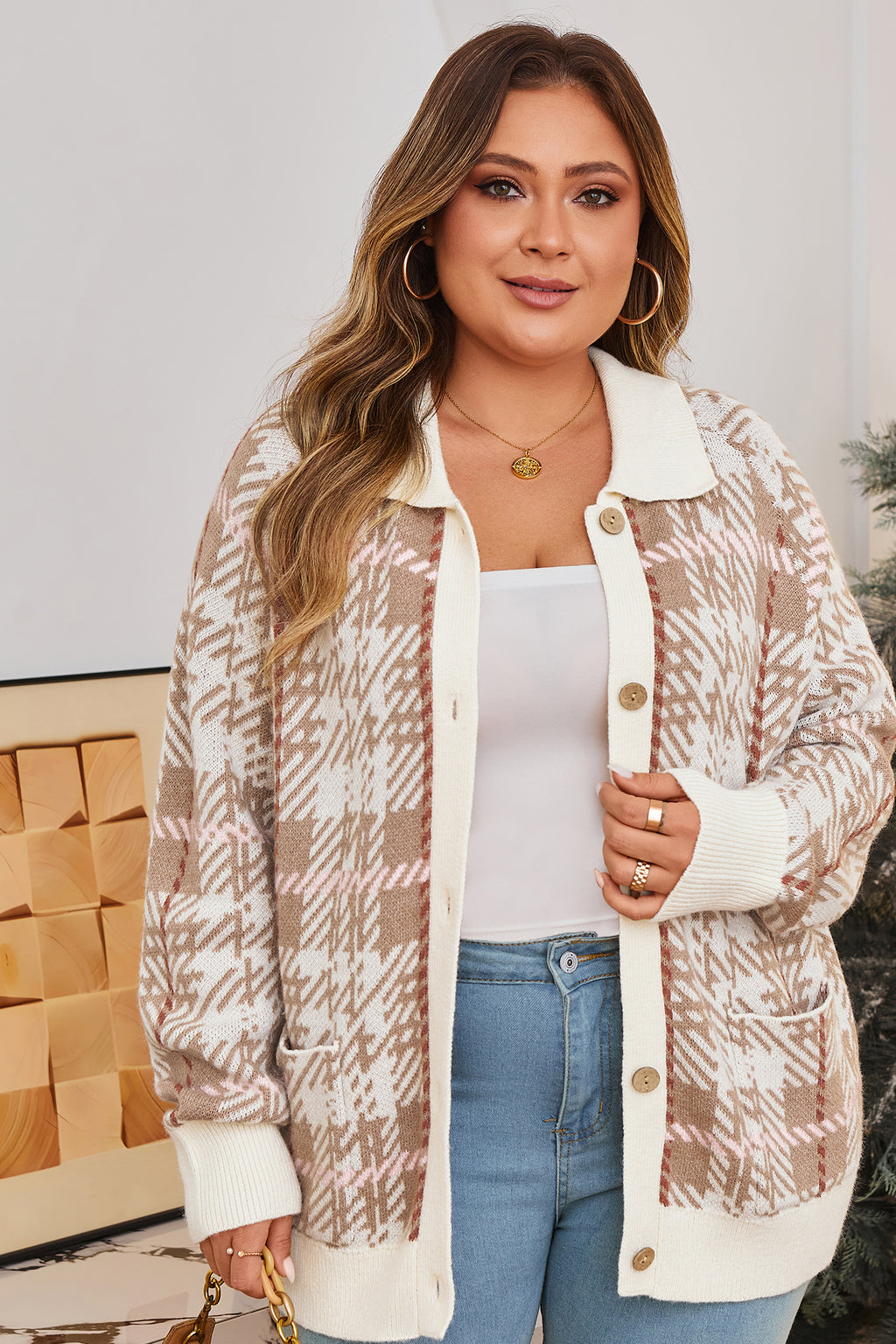 Khaki Vintage Pattern Ribbed Trim Button Front Plus Size Cardigan Sweater