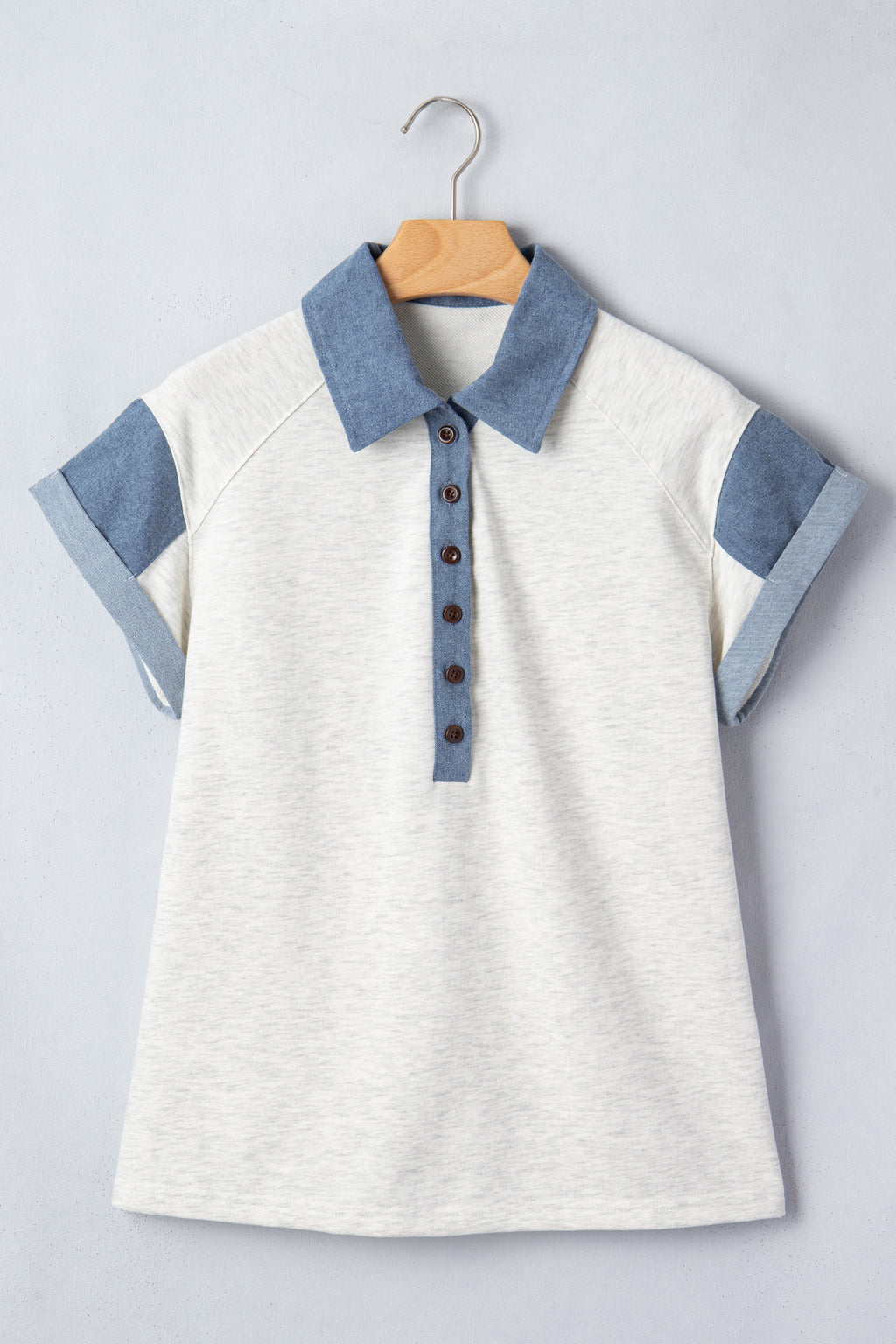 Beige Leopard Patchwork Half Button Short Sleeve Top