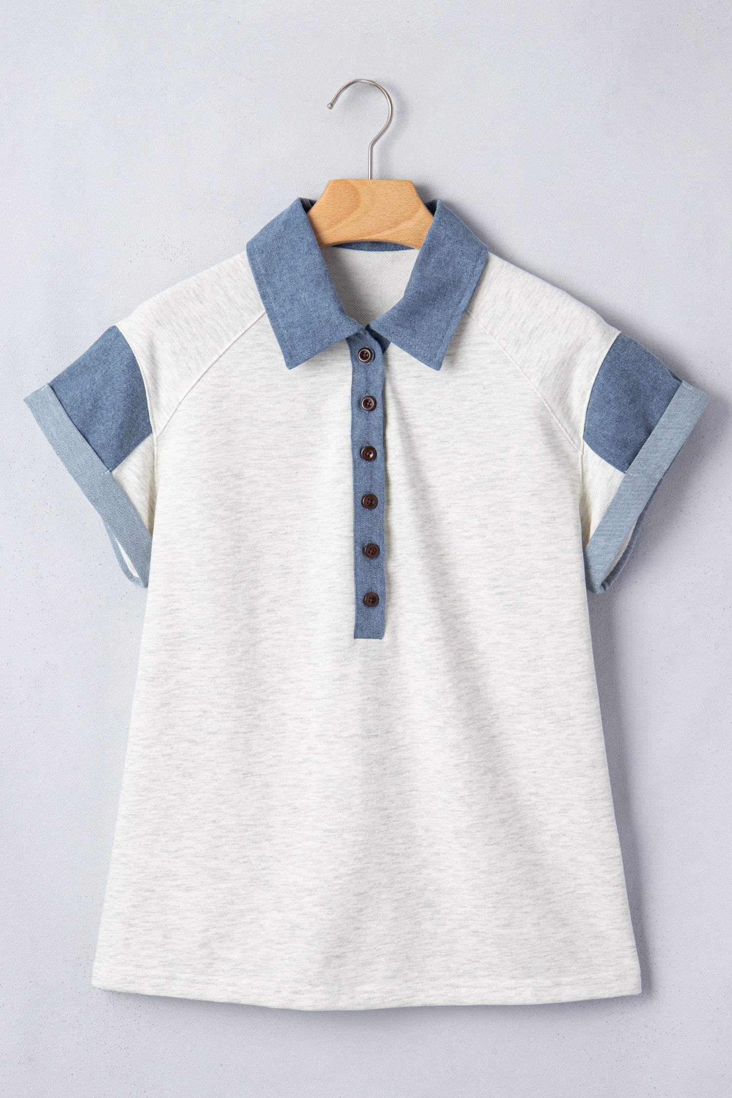 Beige Leopard Patchwork Half Button Short Sleeve Top