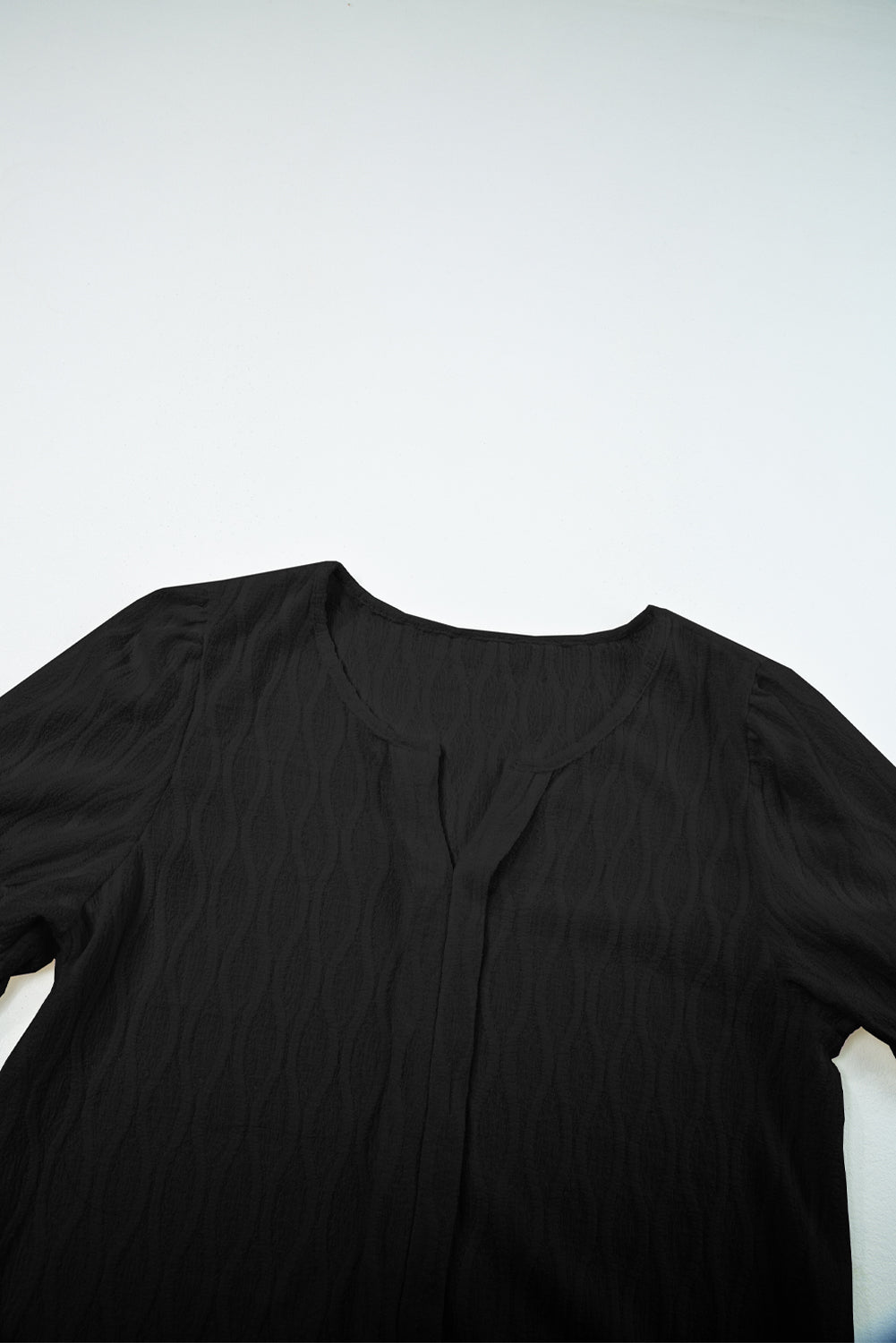 Beau Blue Solid Color Textured Notched Neck Puff Sleeve Blouse
