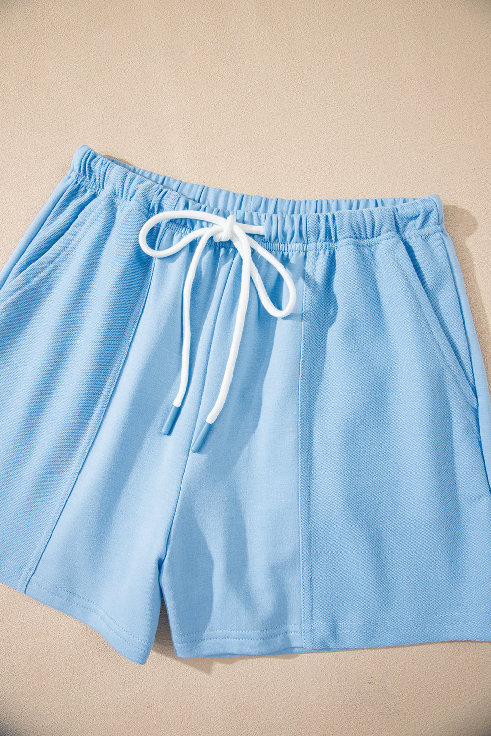 Mint Green V Neck Drop Shoulder Tee and Patchwork Drawstring Elastic Waistband Shorts Set