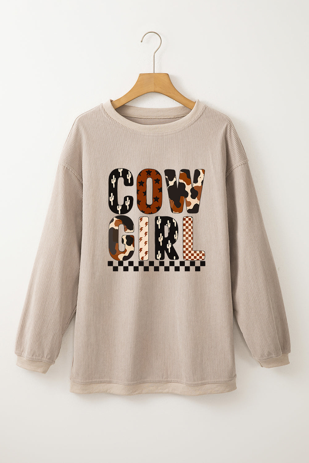 Smoke Gray Western Cowgirl Graphic Corduroy Baggy Sweatshirt