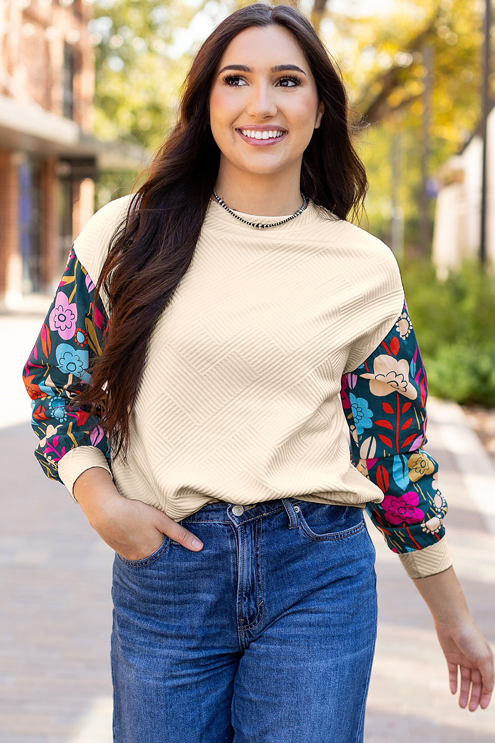 White Floral Patchwork Sleeve Textured Plus Size Pullover Top
