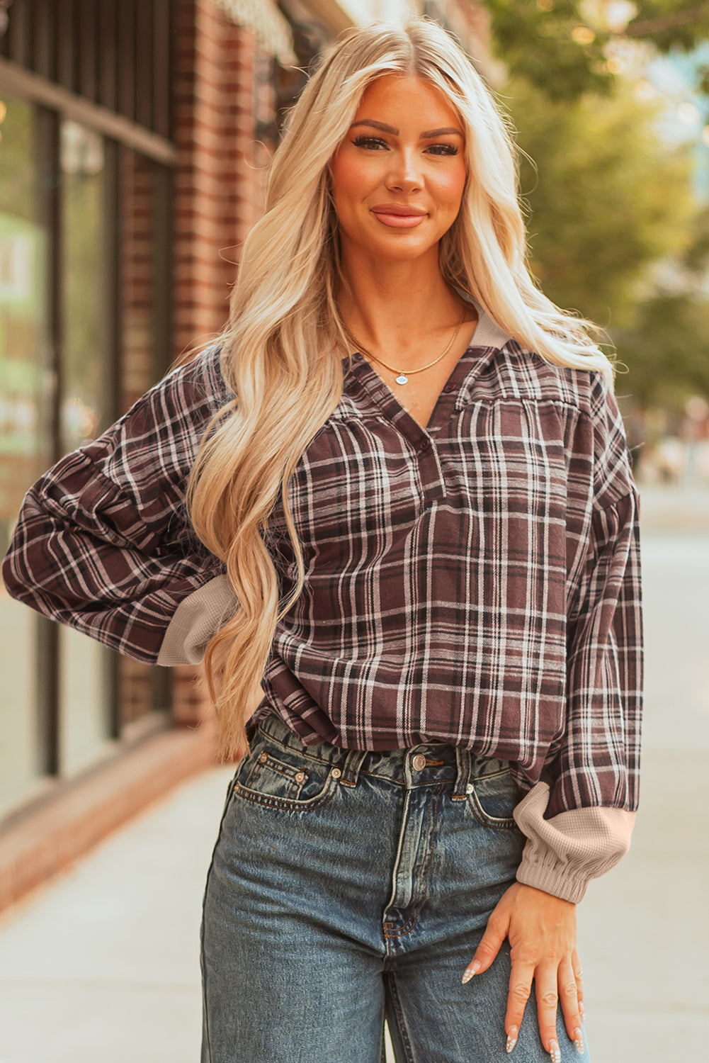 Gray Plaid Patchwork Long Sleeve Button Hooded Blouse