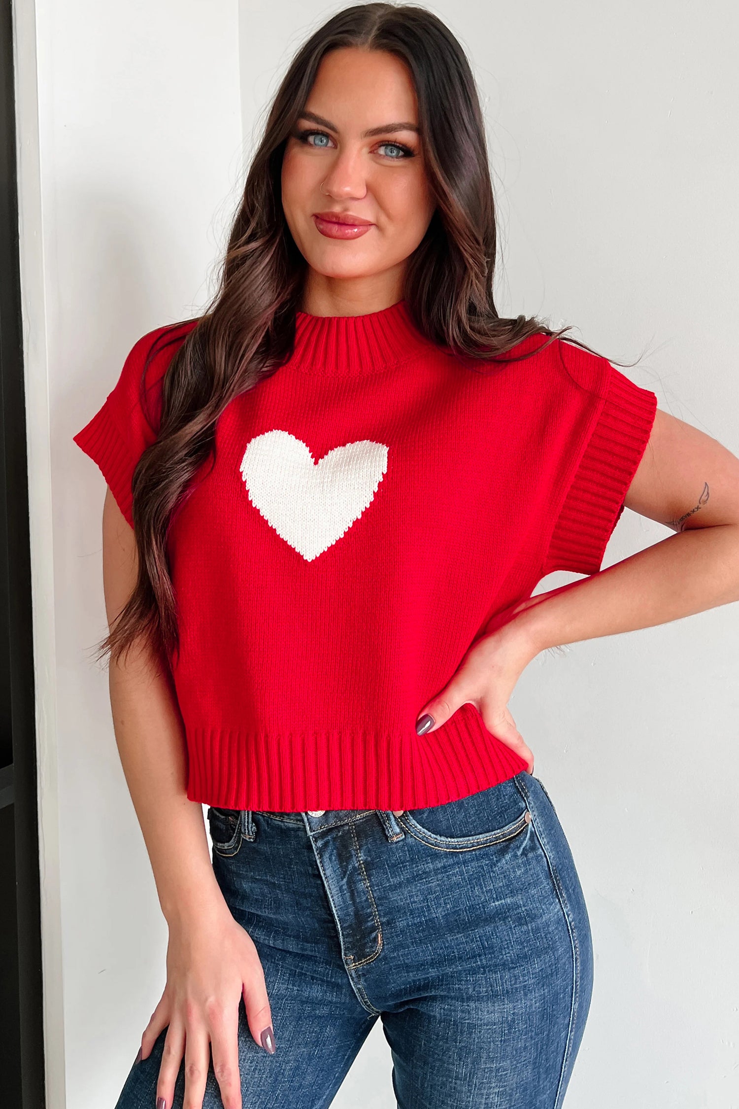 Pink Valentine Heart Graphic Cropped Short Sleeve Sweater