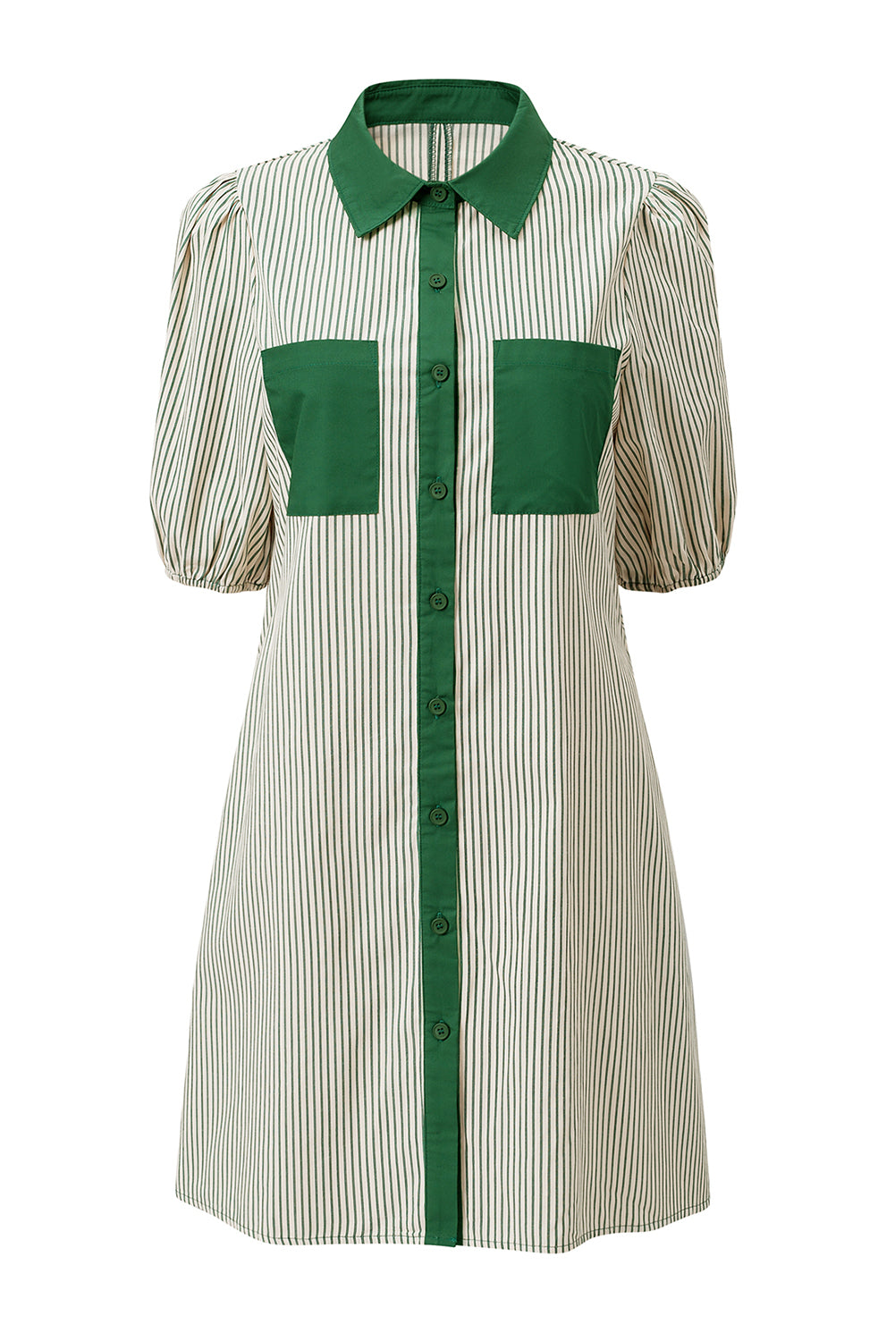 Black Stripe Color Block Patchwork Shirt Collar Button Down Puff Sleeve Mini Dress