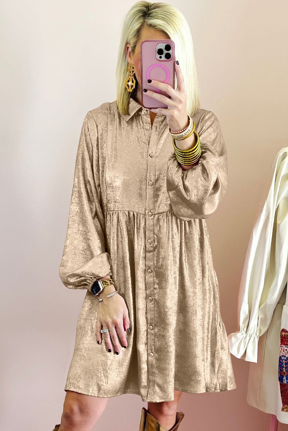 Dearlovers Gold Metallic Frilled V Neck Puff Sleeve Babydoll Blouse