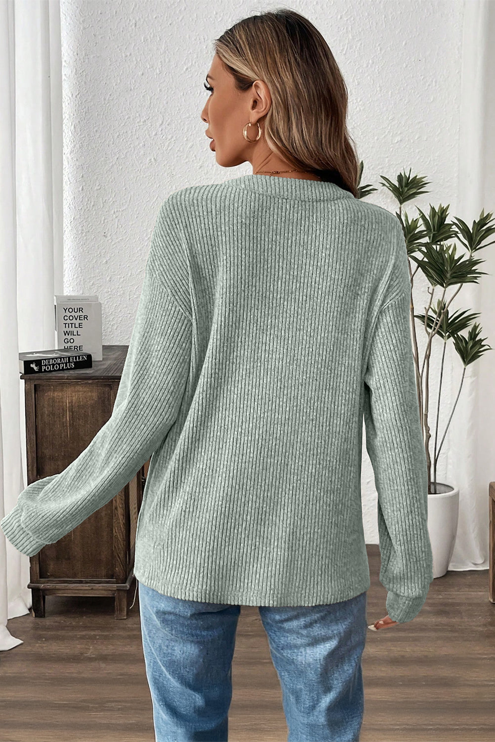 Simply Taupe Plus Size Ribbed Knit Kangaroo Pocket Henley Long Sleeve Top