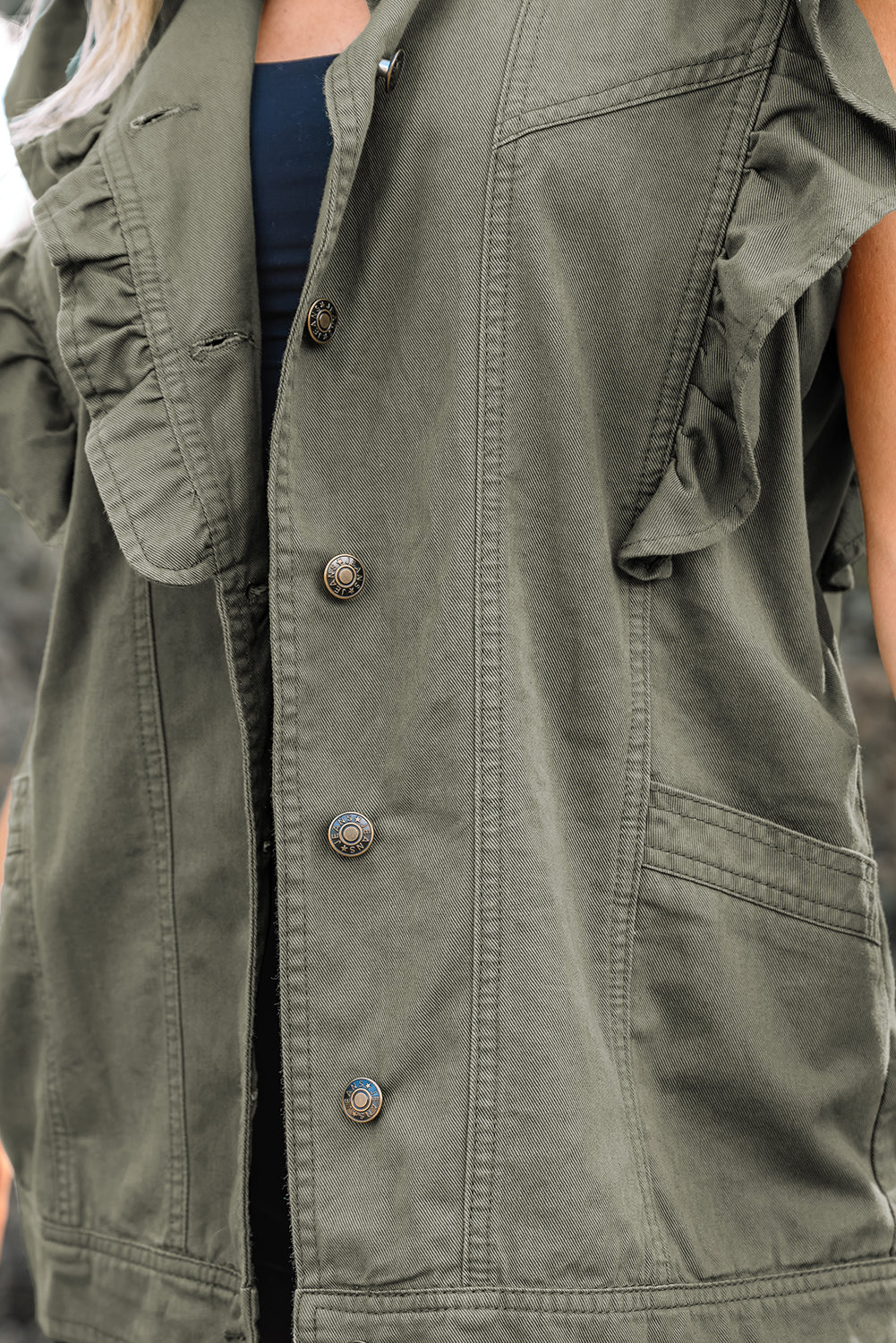 Pale Khaki Ruffled Patchwork Denim Jacket Vest