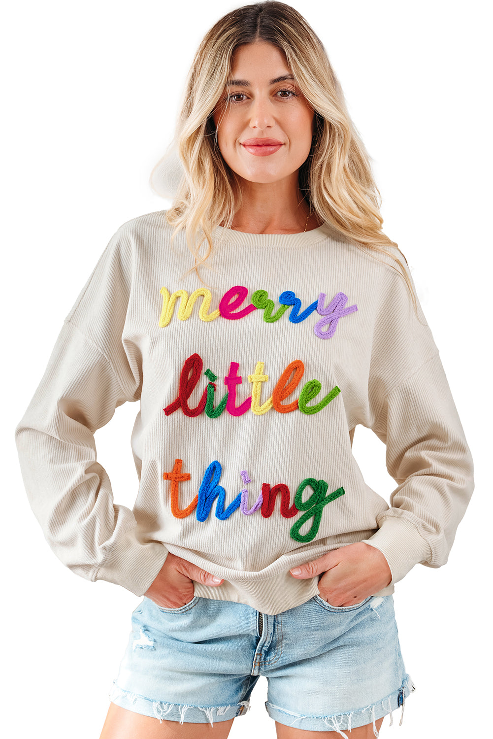 Dark Green merry little thing Corded Letter Graphic Ribbed Loose Sweatshirt