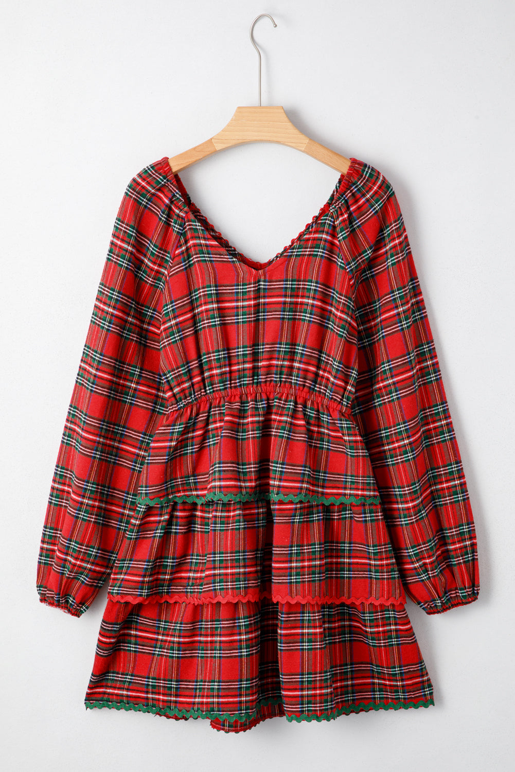 Red Plaid Print Ricrac Tiered Bubble Sleeve Mini Dress