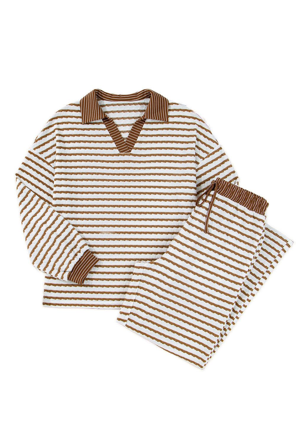 Khaki Stripe Plus Size Collared V Neck Loose Pullover Drawstring Elastic Waist Wide Leg Pant Set