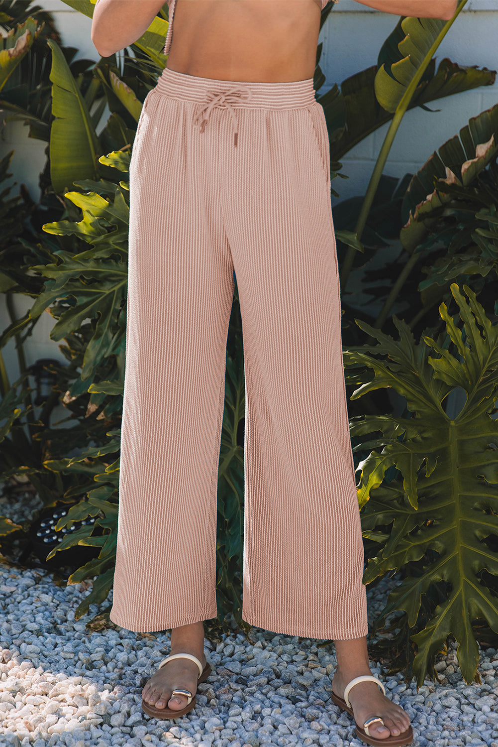 Blue Solid Corded Knit Short Sleeve T Shirt and Wide Leg Pants Set
