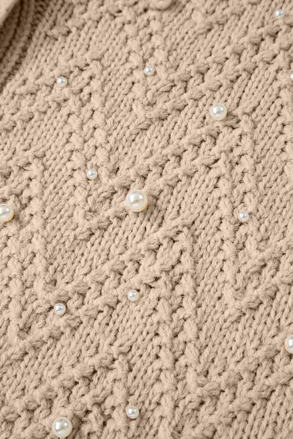 Smoke Gray Pearl Embellished Button Front V Neck Sweater Cardigan
