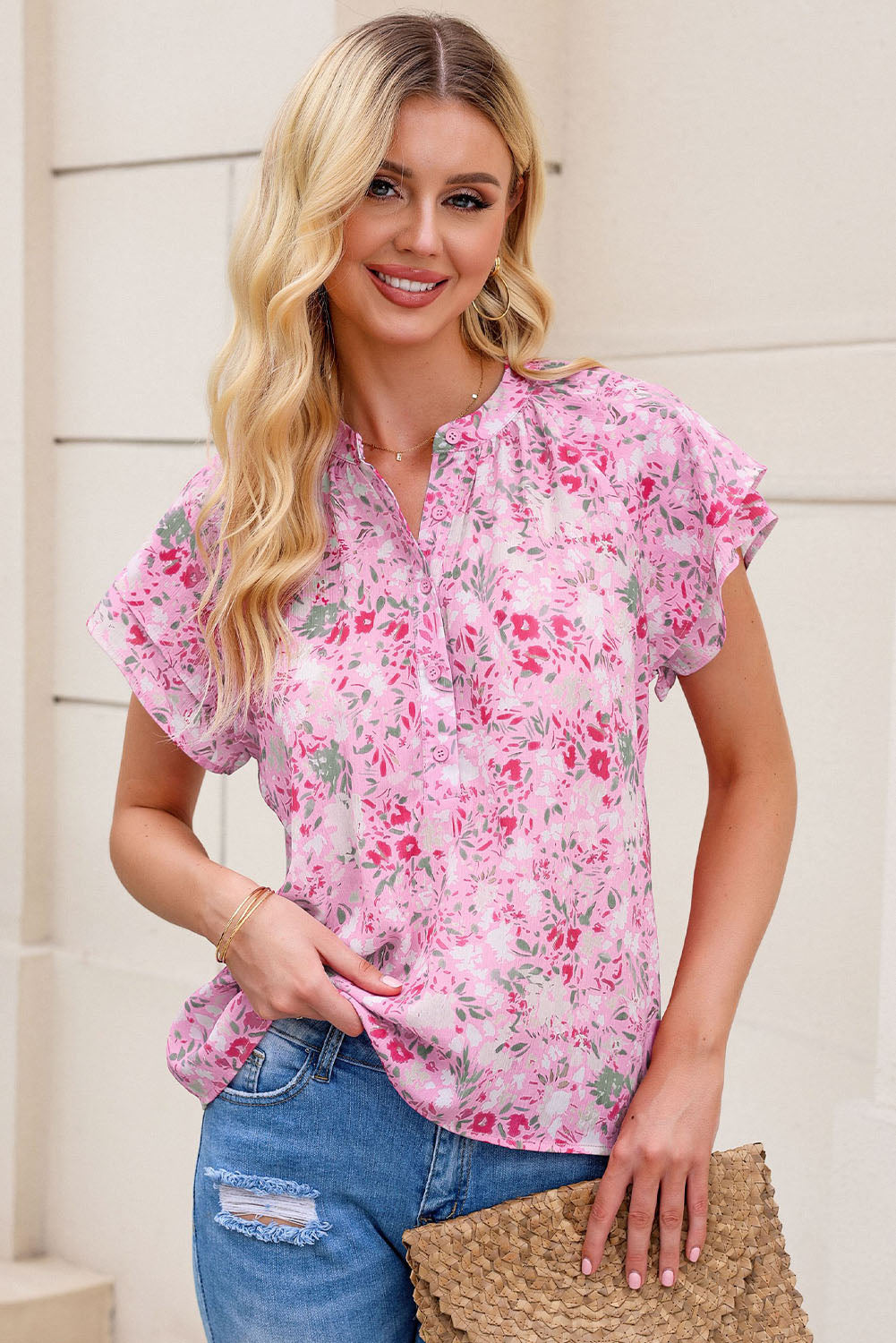 Multicolor Floral Print Wide Ruffle Sleeves Blouse