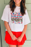 White Patriotic Star Leopard USA Letter Graphic T Shirt