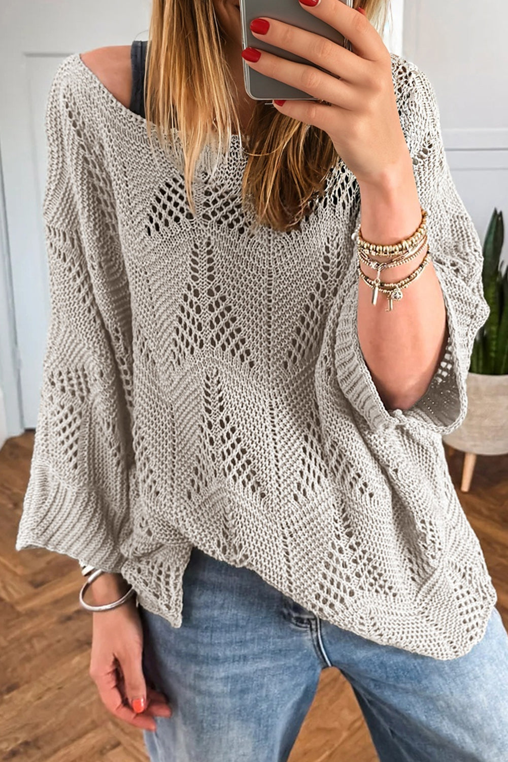 Navy Blue Hollow Out Knit 7/8 Sleeve Casual Sweater