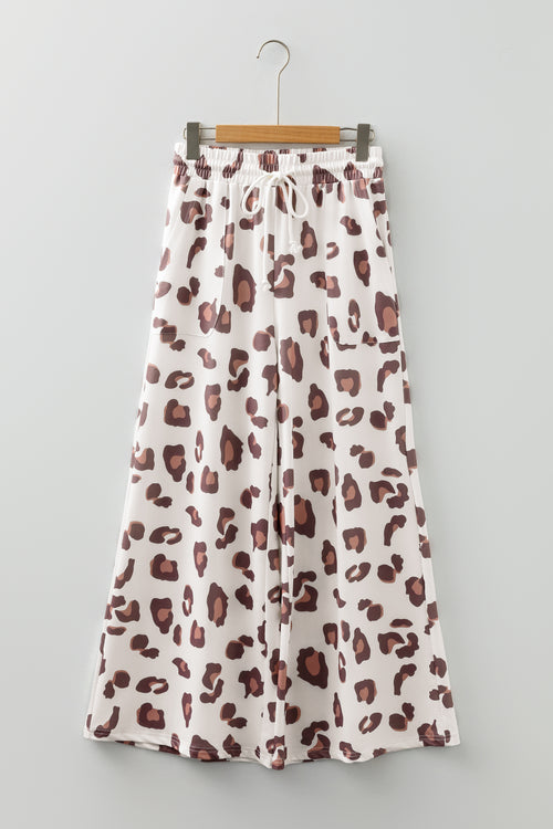 Beige Drawstring Leopard Print Patch Pocket Loose Pants