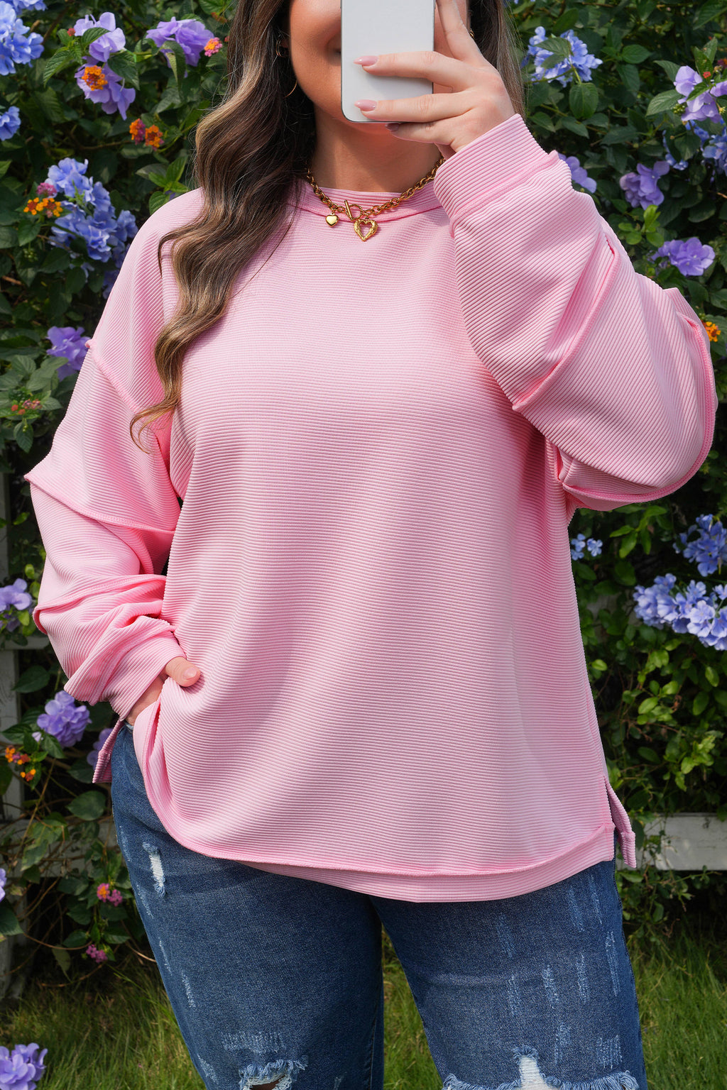 Lavendula Horizontal Ribbed Exposed Seam Detail Drop Shoulder Baggy Pullover