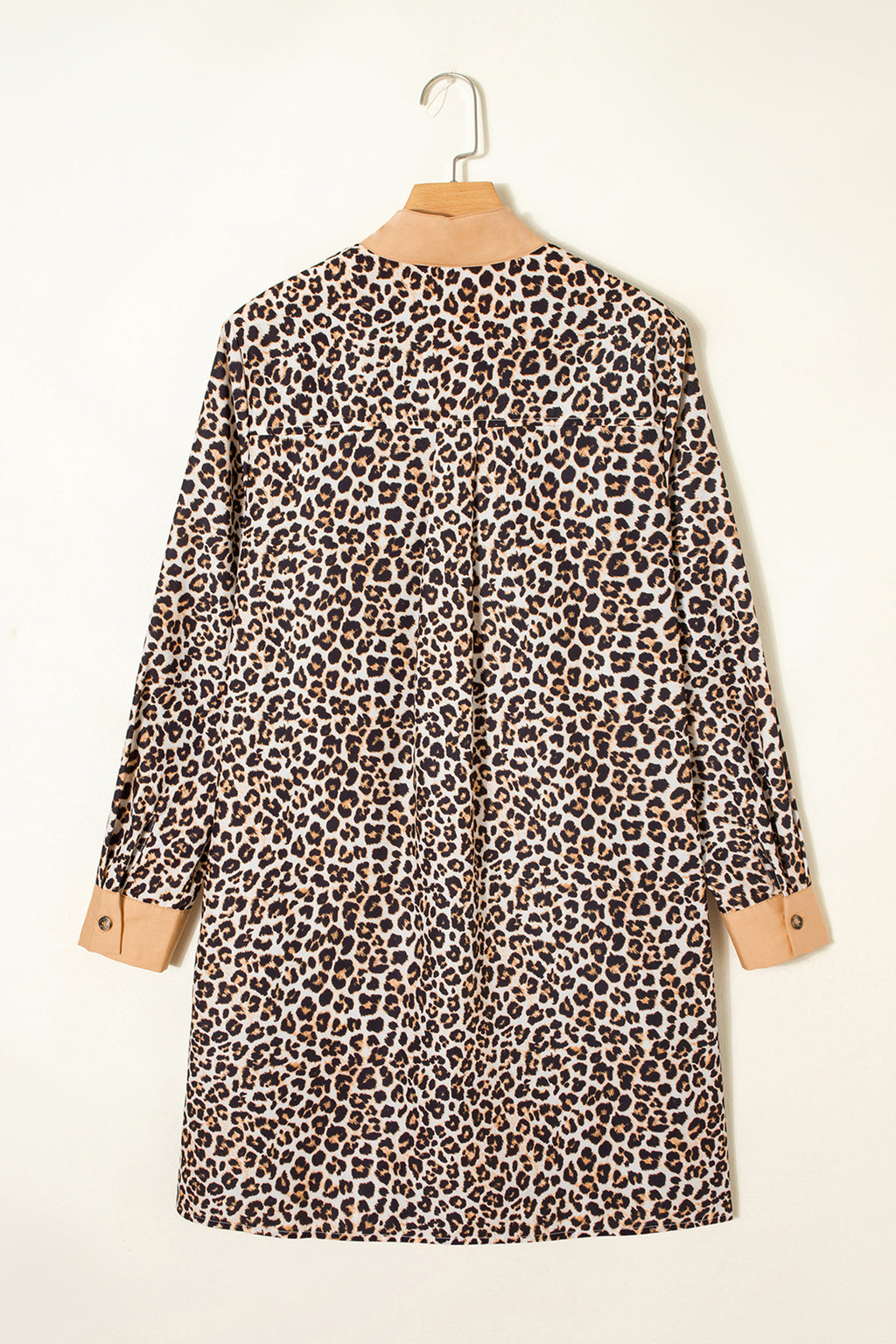 Multicolour Button Striped Collar Leopard Print Long Sleeve Flared Dress
