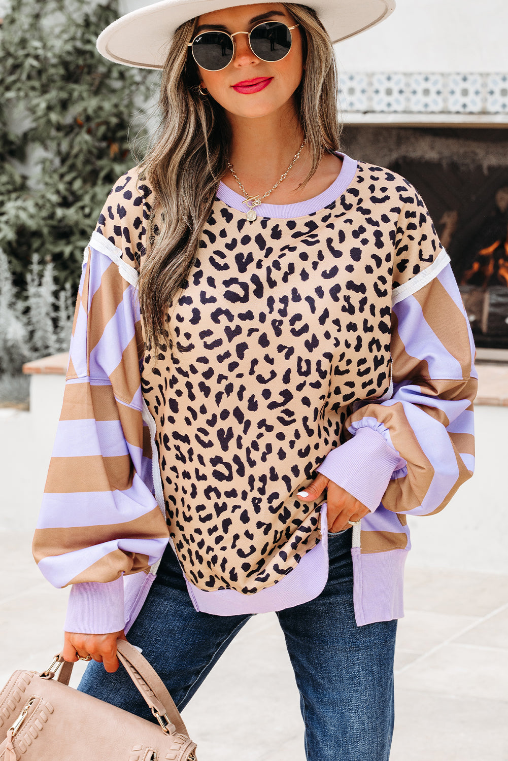 Khaki Leopard Striped Patchwork Plus Size Loose Sweatshirt