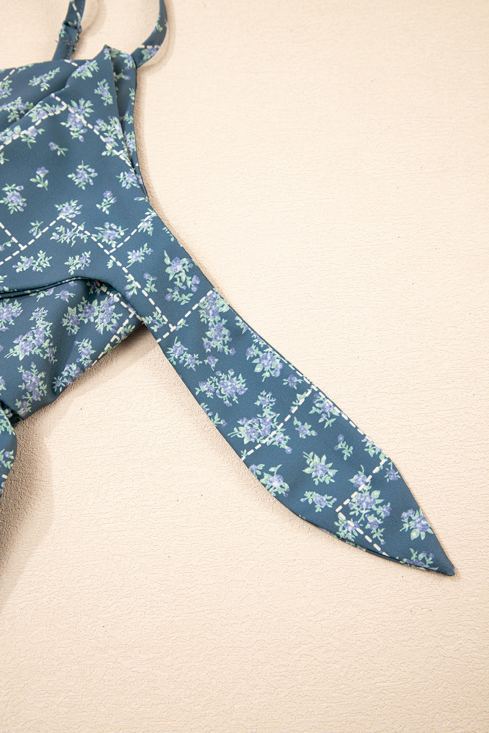 Blue Spaghetti Straps Floral Print Knot Detail High Waist Flared Dress