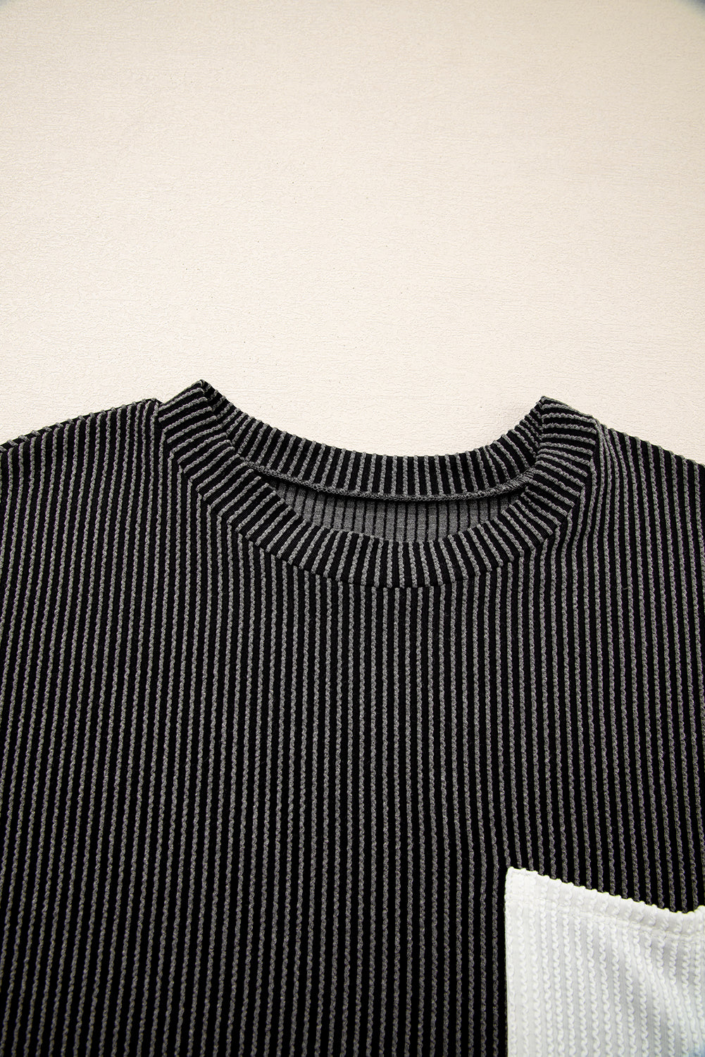 Dark Blue Corded Knit Color Block Pocketed Crew Neck T Shirt