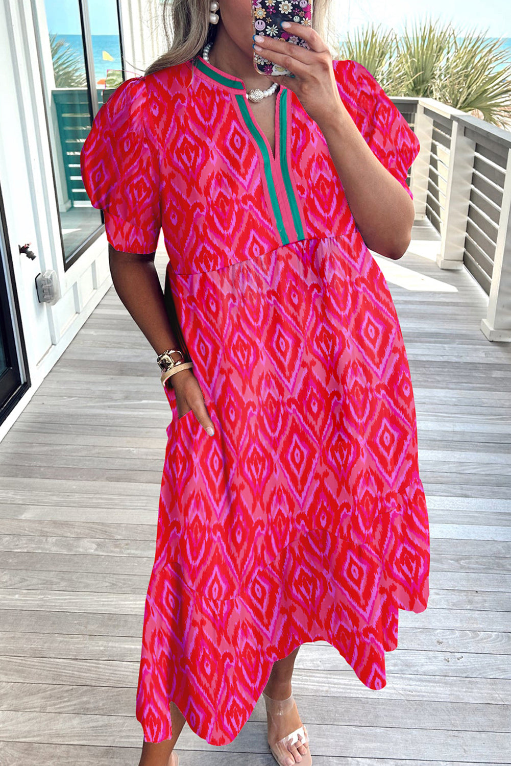 White Floral Puff Short Sleeve V Neck High Waist Maxi Dress