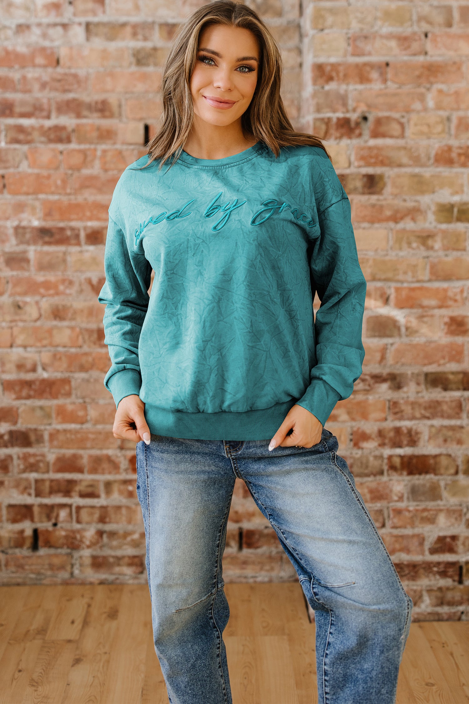 DUNE saved by grace Letter Embroidery Mineral Wash Loose Sweatshirt