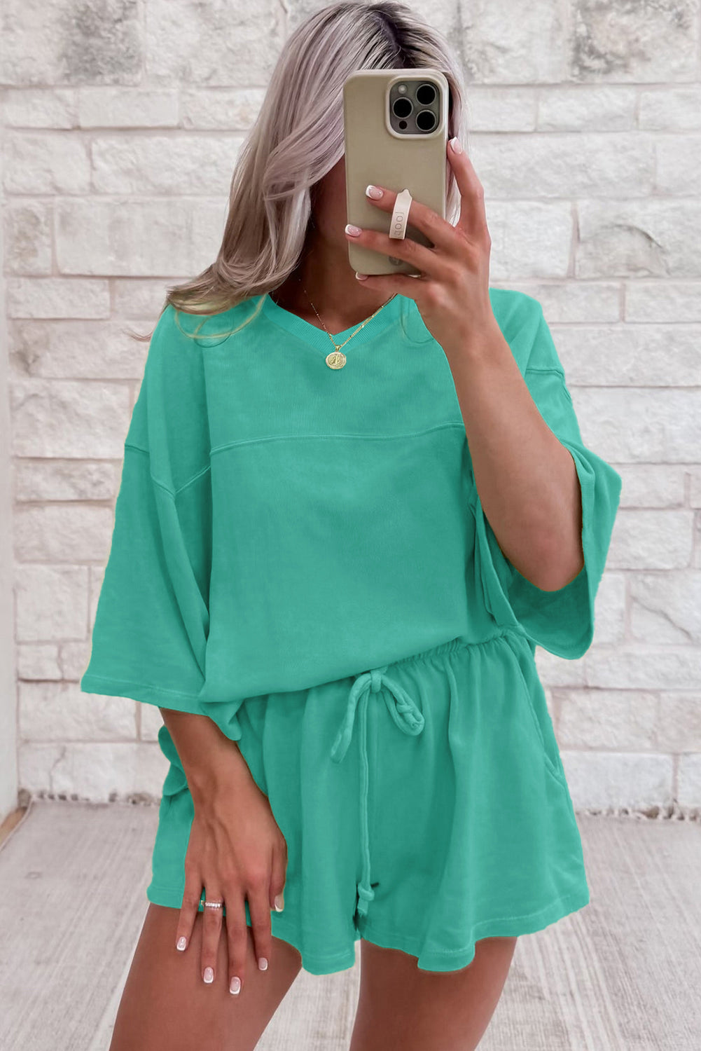 Meadow Mist Green Solid Loose V Neck Half Sleeve Tee and Shorts