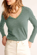 Green Stripe V Neck Stretchy Long Sleeve Top