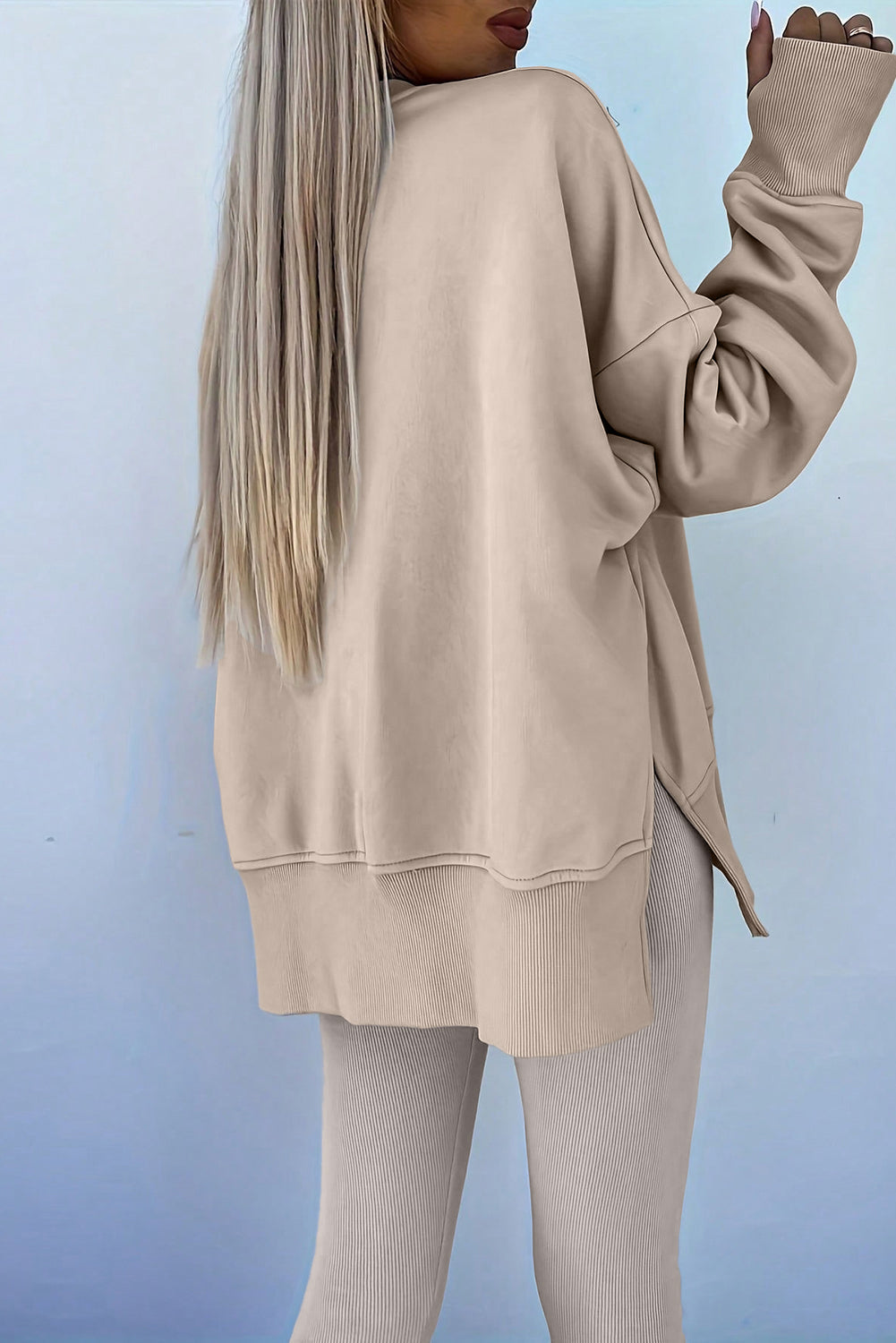 Black Solid Color Oversize Slit Sweatshirt Ribbed Leggings 2pcs Set