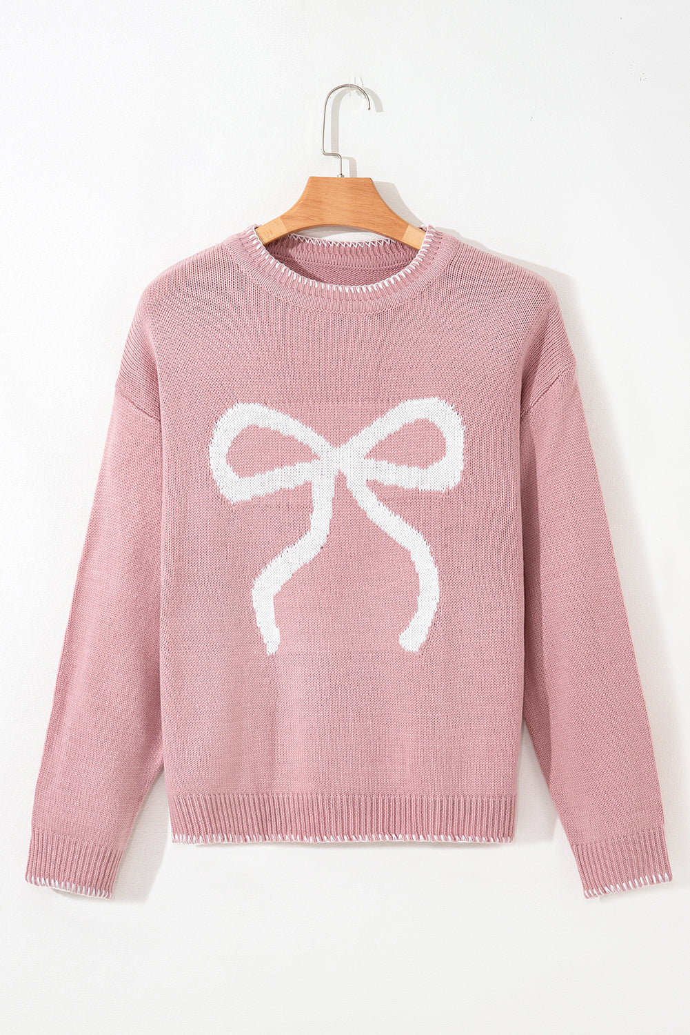 White Bow Pattern Contrast Trim Christmas Loose Graphic Sweater