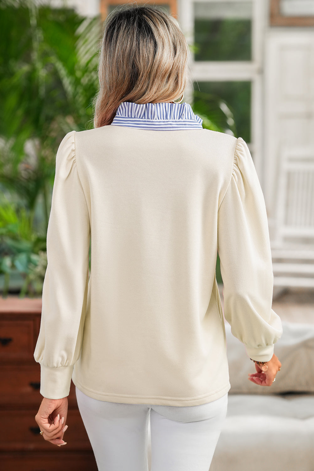 Bonbon Button Striped Collar Patchwork Puff Sleeve Sweatshirt