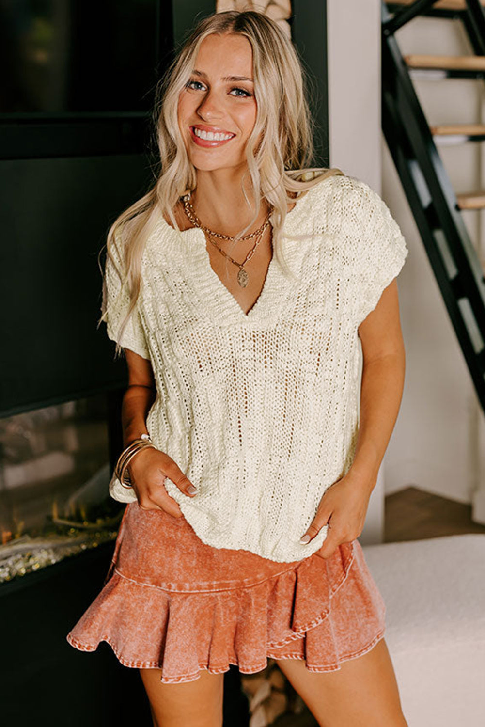Beige Notched V Neck Short Sleeve Sweater