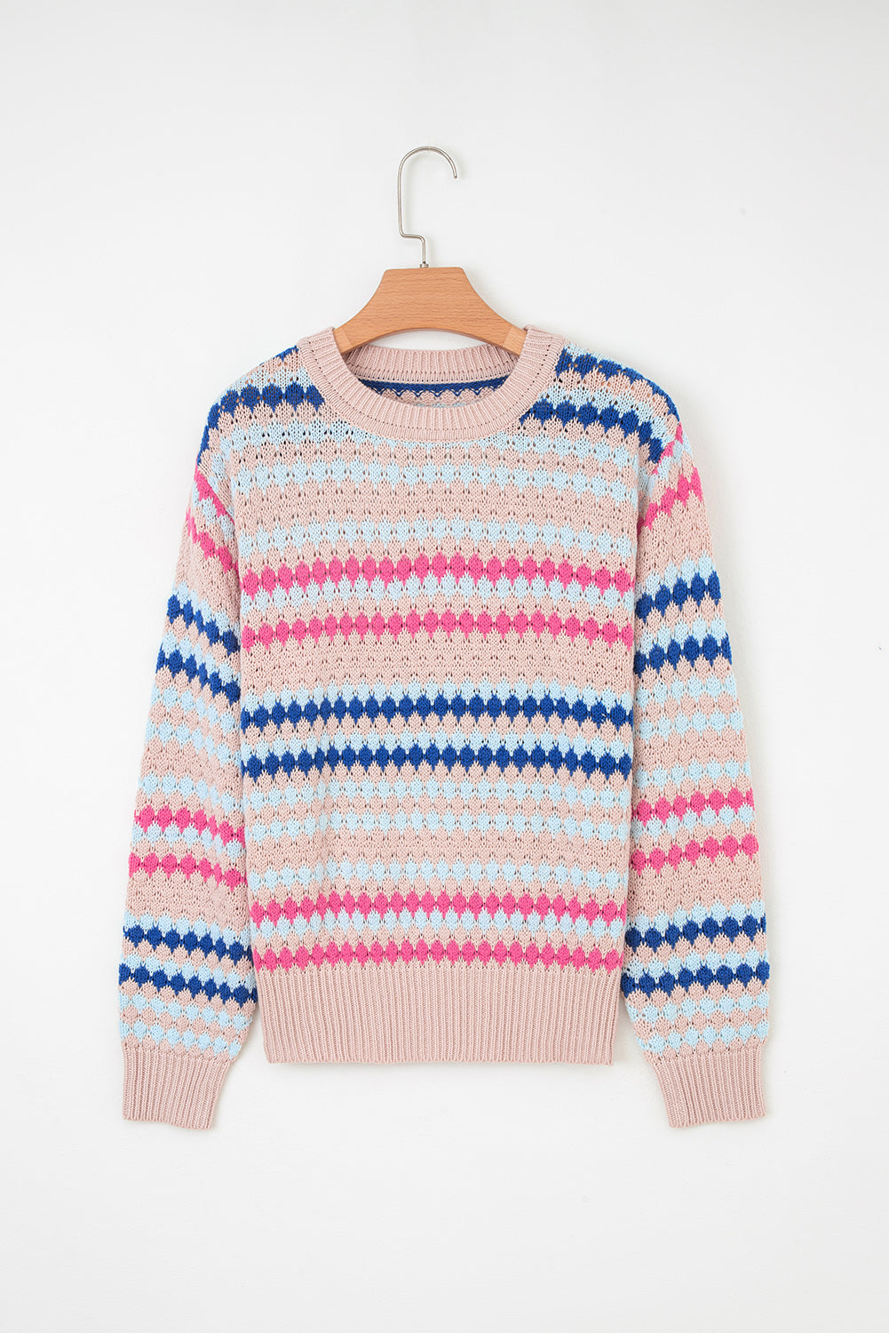 Brown Stripe Eyelet Patterned Drop Shoulder Sweater