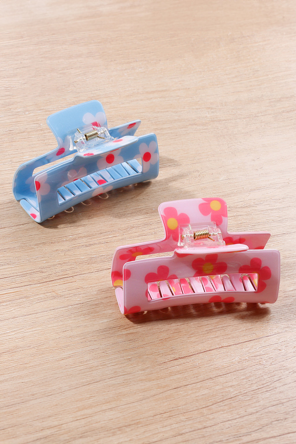 Pink Dainty Flower Printed Rectangular Hollowed Hair Claw Clip